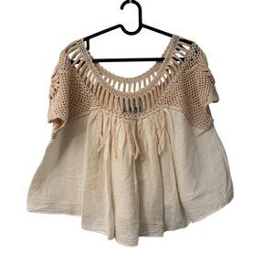 Ophelia Moon Beige Crochet Fringed Boho Hippie Crop Blouse Womens Size Large
